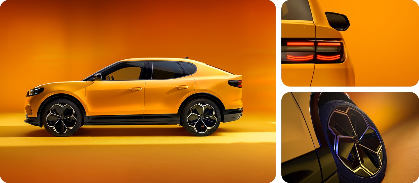 La photo présente la Ford Capri® entièrement électrique jaune, avec des gros plans du design de l’arrière et des élégantes jantes en alliage.